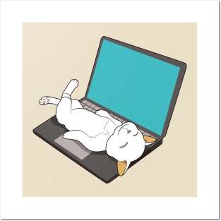 cat sleeping on laptop Posters and Art